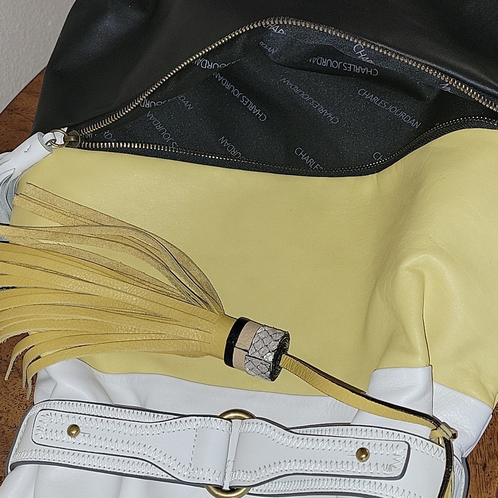 Charles Jourdan Leather Boho Crossbody Bag, Black/Yellow/ White, NWOT - Picture 16 of 16